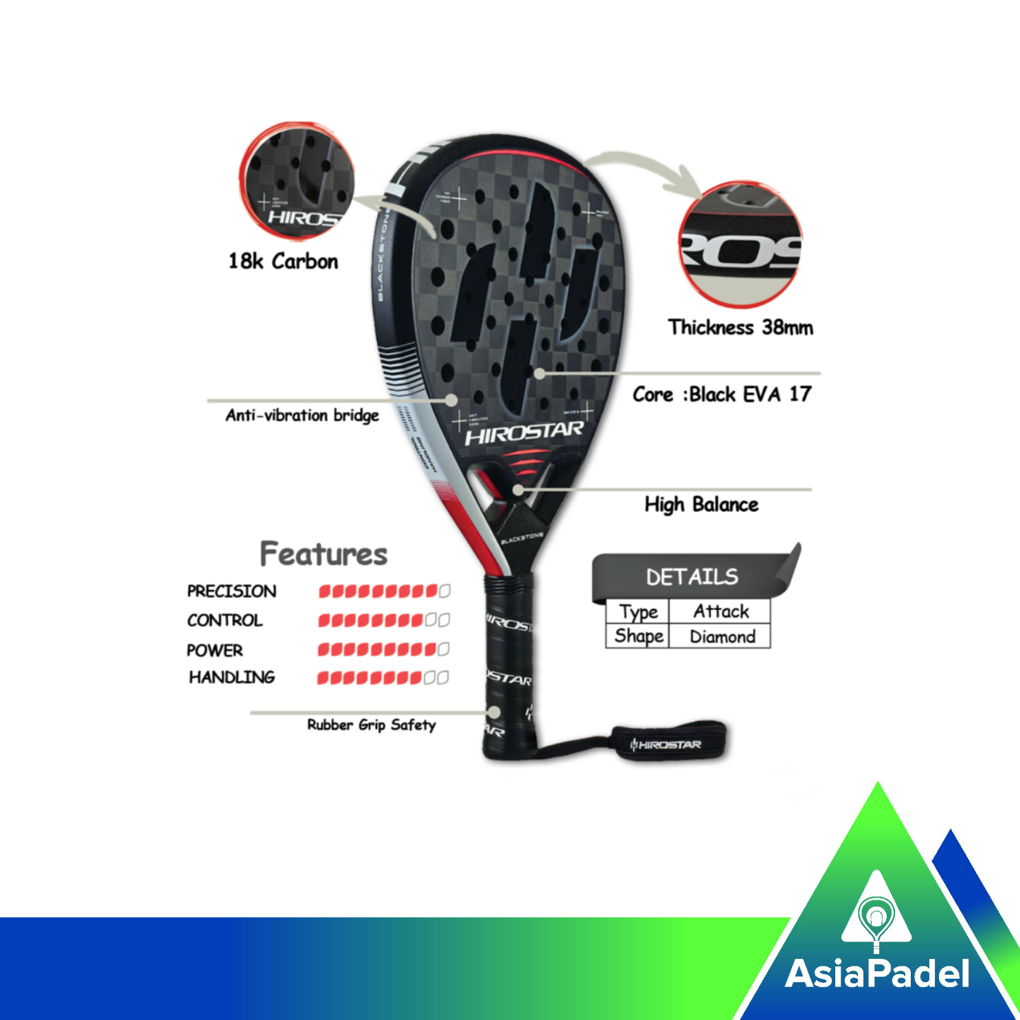 Hirostar Blackstone 18K Carbon Padel Racket | Racket |  Raket Padel Diamond 2025