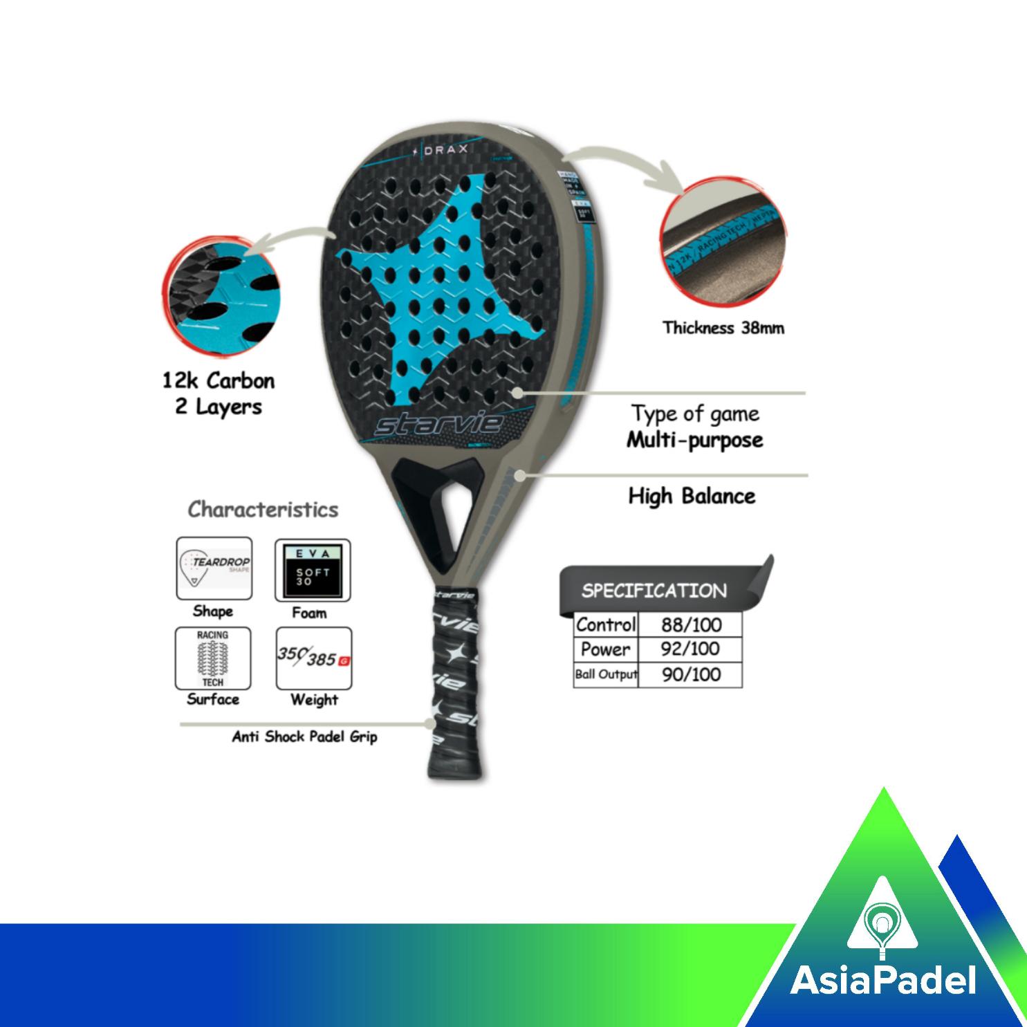 Racket Padel Starvie Drax Soft 12K Carbon | Raket Padel Serat Karbon Teardrop