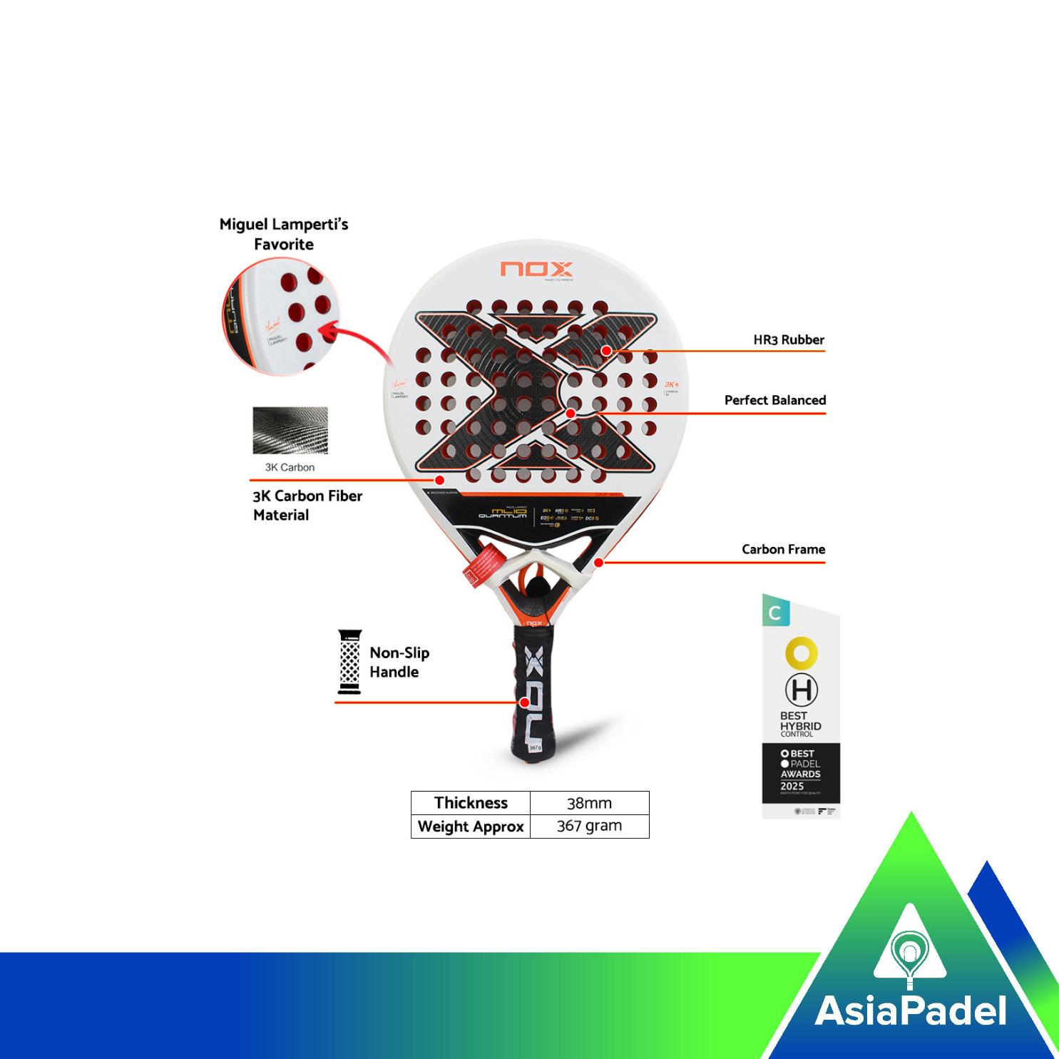 Racket Padel Nox ML10 Quantum 3K by Miguel Lamperti Edition | Raket Bola Padel Carbon Fiber | HR3 Rubber