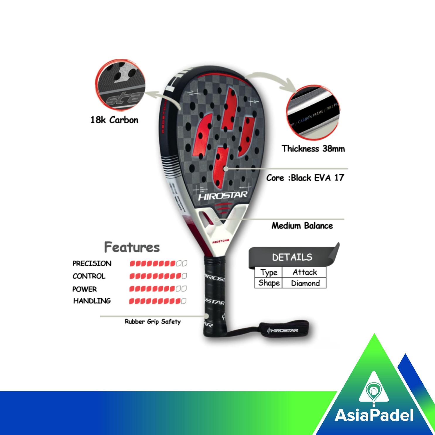 Racket Padel Hirostar Redstone 18K Carbon Shape Diamond | Raket Padel Hirostar Redstone Serat Karbon 18K Bentuk Diamond