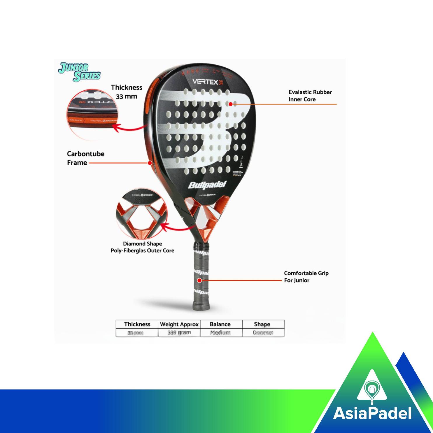 Racket Padel Bullpadel Vertex JR 25 | Raket Padel untuk Anak-Anak Fiberglass