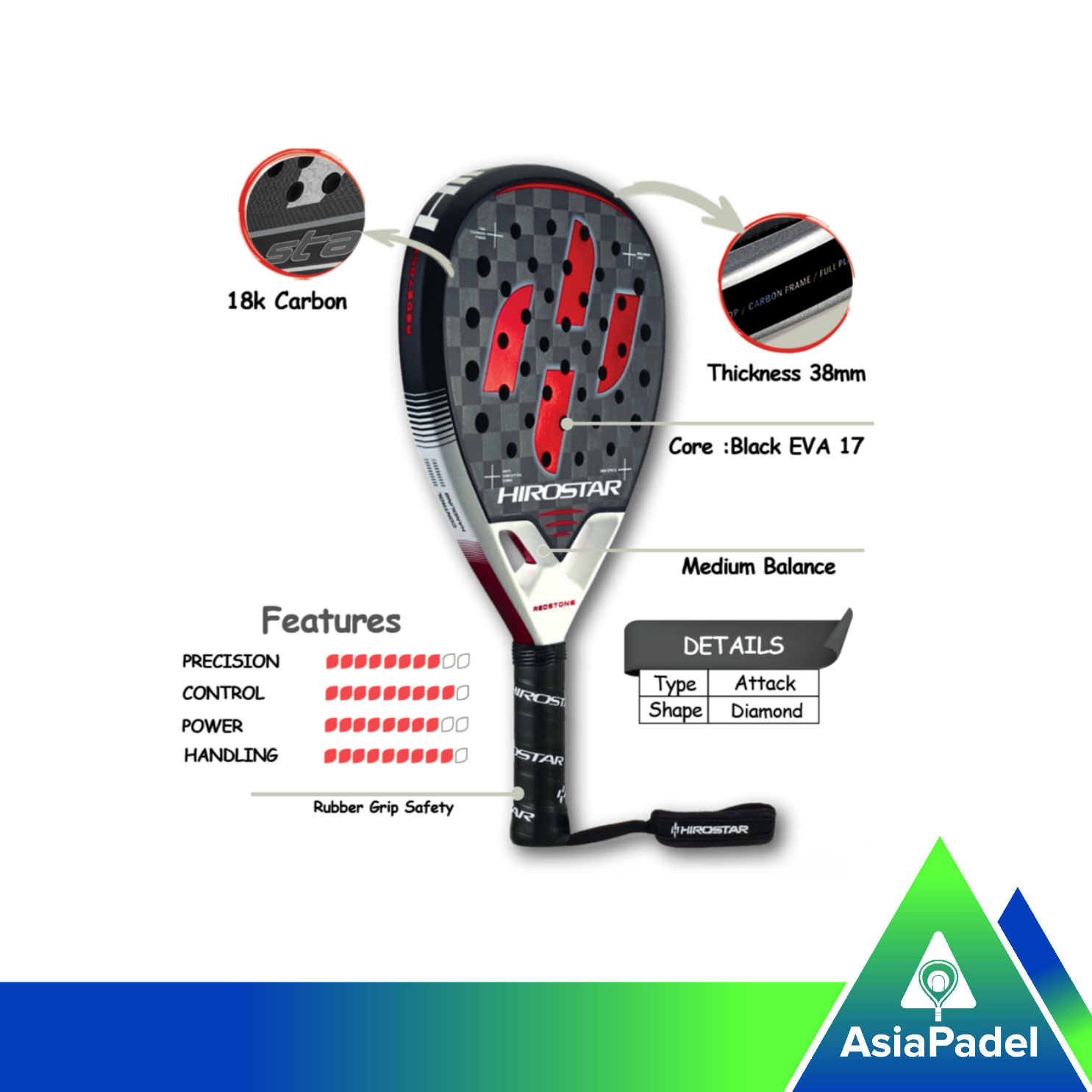 Hirostar Redstone 18K Carbon Padel Racket | Racket | Raket Padel Diamond 2025