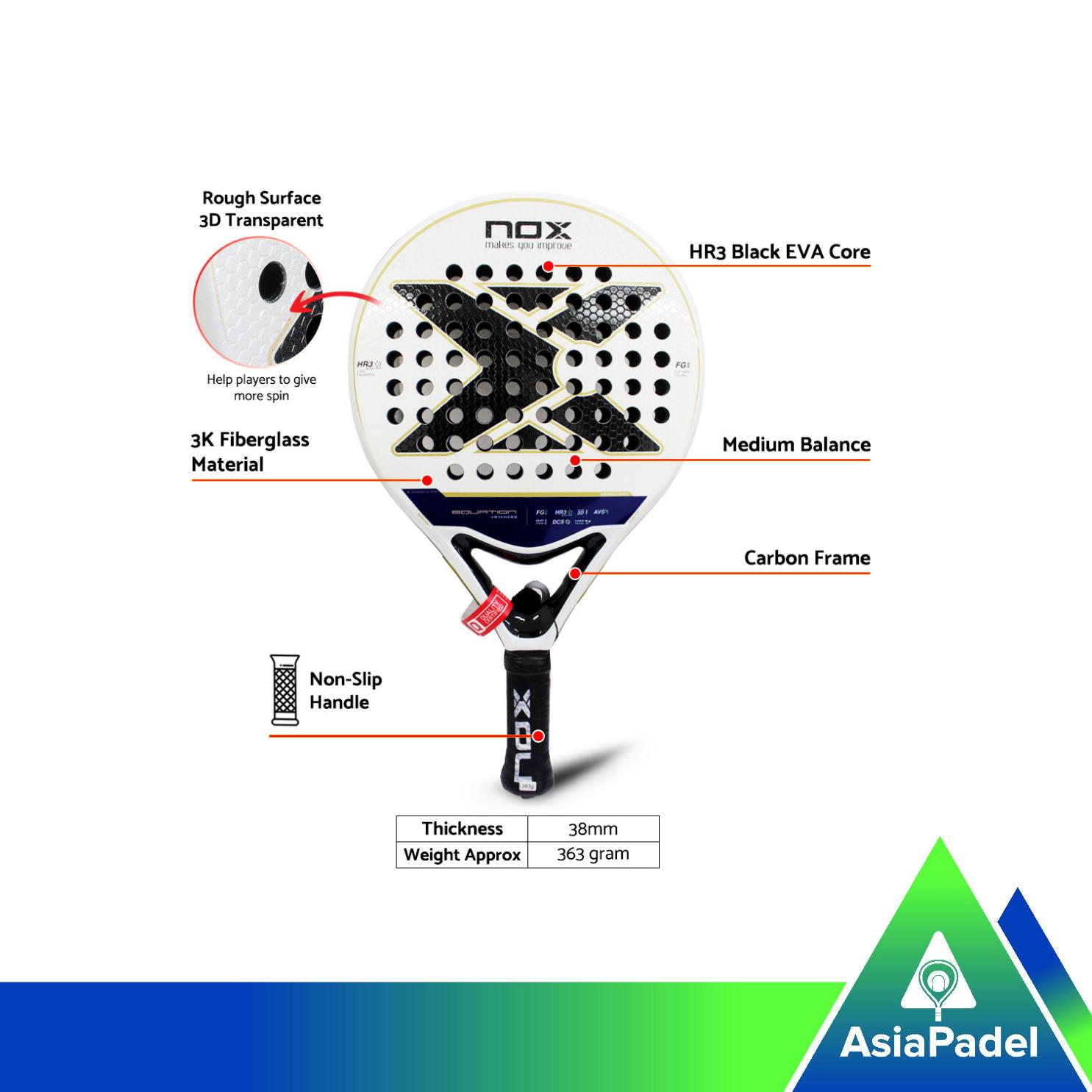 Racket Padel Nox Equation | Raket Padel 3k Fiberglass – HR3 Black Eva Core