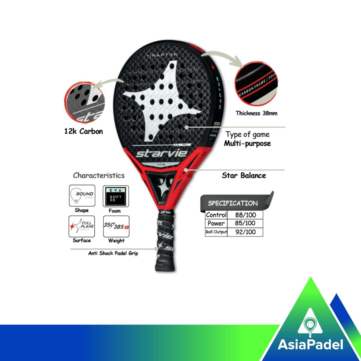 Racket Padel Starvie Raptor Soft Carbon 12K | Raket Padel Serat Karbon Round Shape