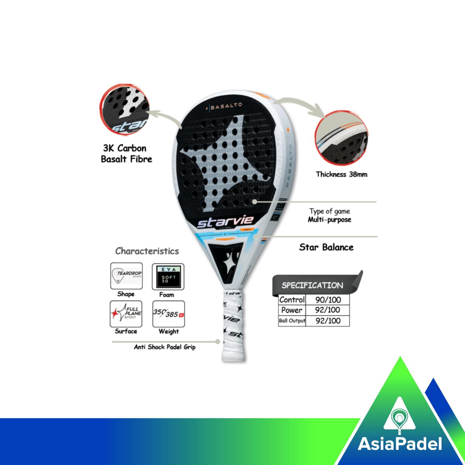 Racket Padel Starvie Basalto Soft 3K Carbon | Raket Padel Serat Karbon Teardrop