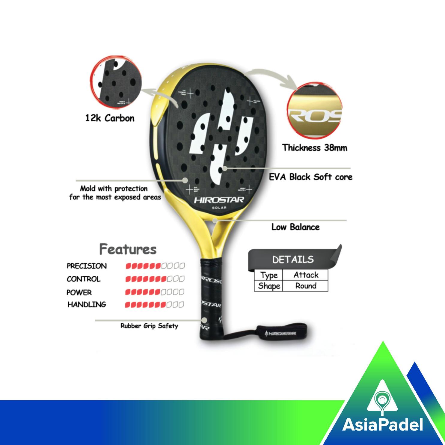 Racket Padel Hirostar Solar 12K Carbon Shape Round | Raket Padel Hirostar Solar Serat Karbon 12K Bentuk Round