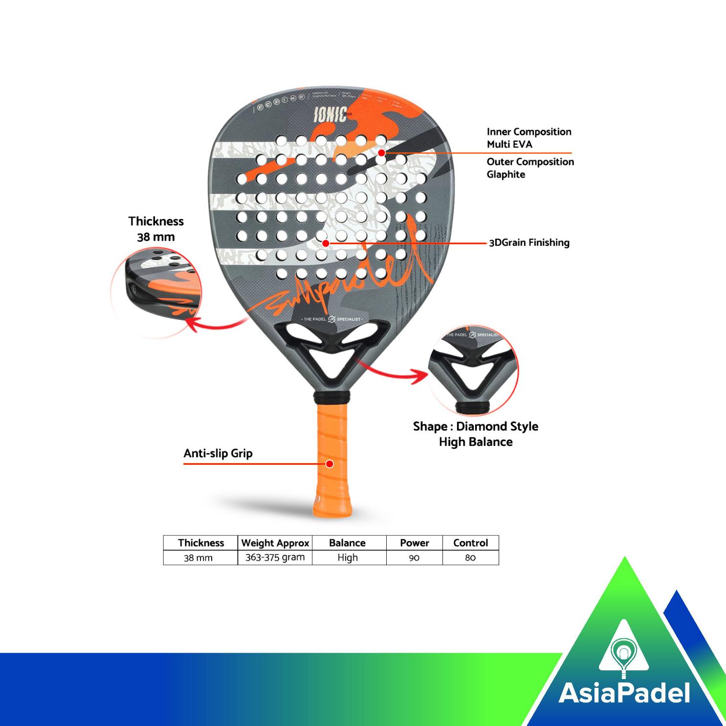 Racket Padel Bullpadel Ionic Power 25 | Raket Padel Diamond Shape | Graphite + Multi EVA