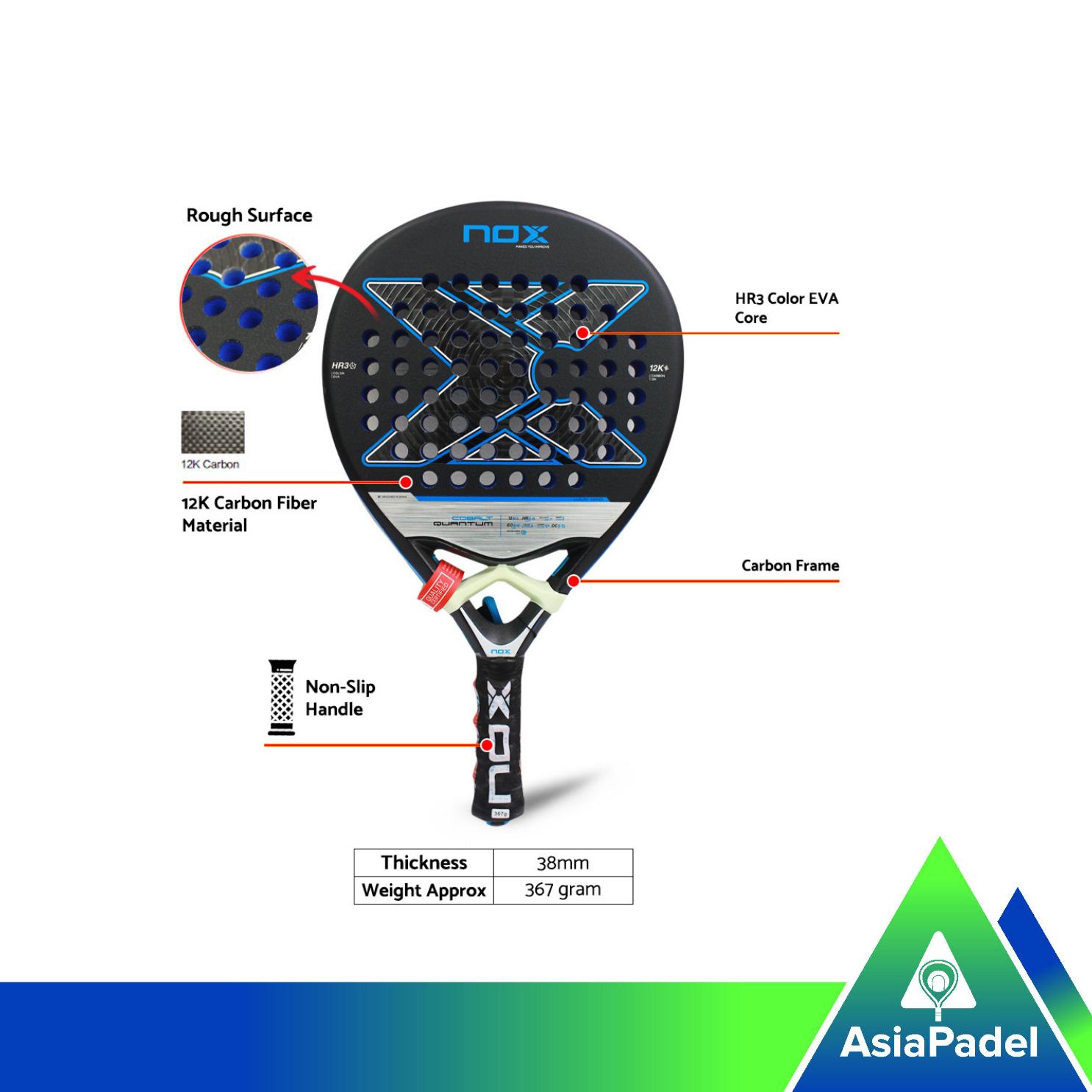 Racket Padel Nox Cobalt Quantum 12K | Raket Bola Padel Serat Karbon 12K Rough Surface