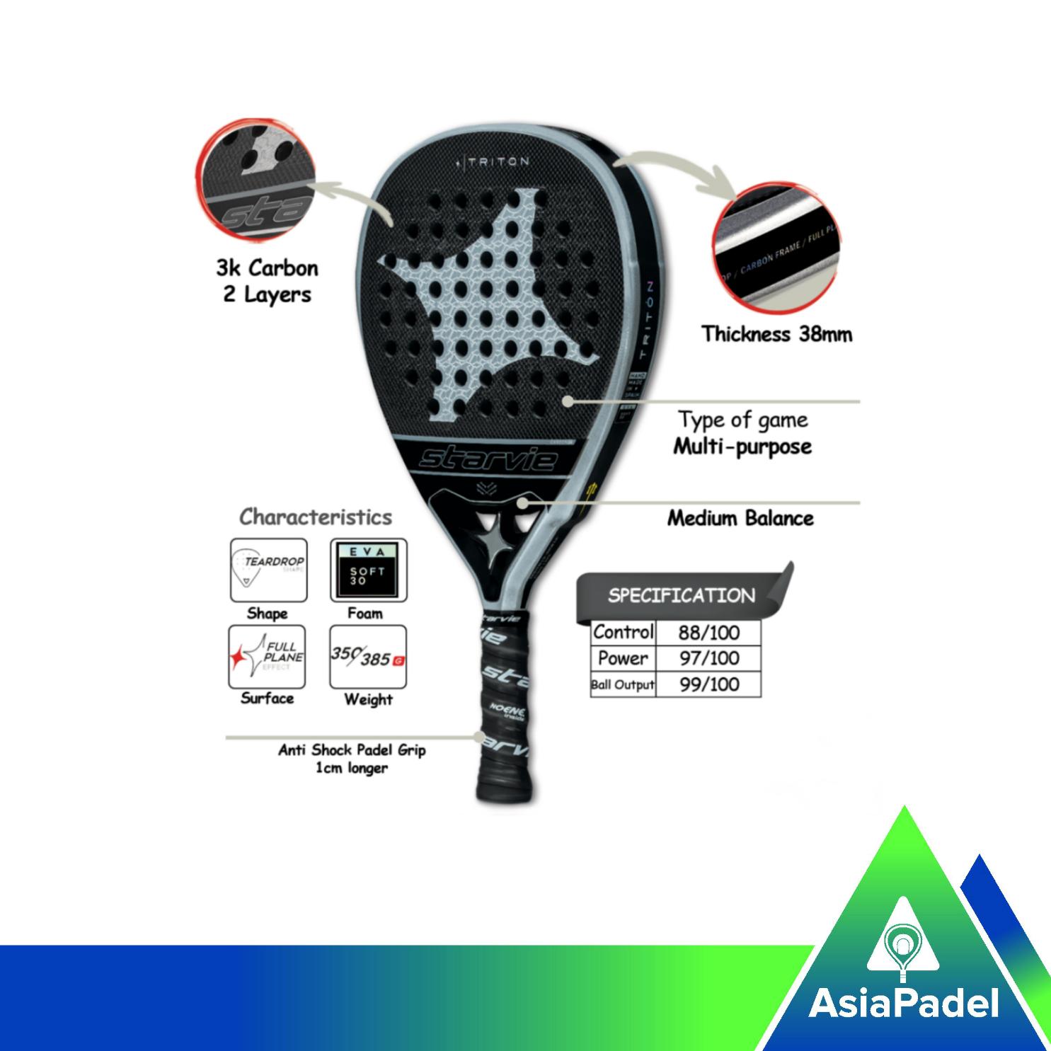 Racket Padel Starvie Triton Soft | Raket Padel Starvie Serat Karbon 3K Teardrop