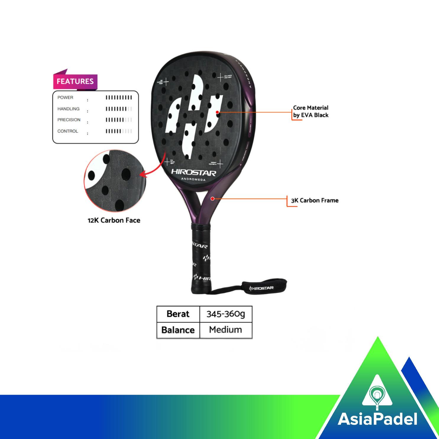 Racket Padel Hirostar Andromeda | Raket Padel 12K Carbon Teardrop