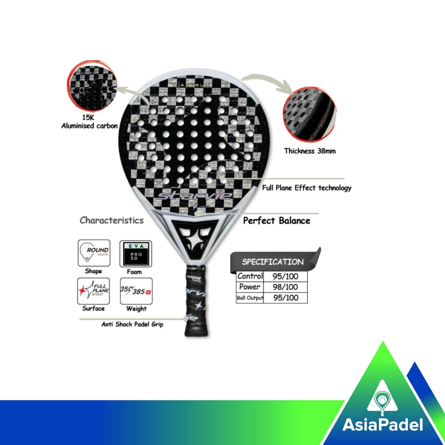 Racket Padel Starvie Astrum Pro Carbon 15K Black/White | Raket Padel Serat Karbon Round