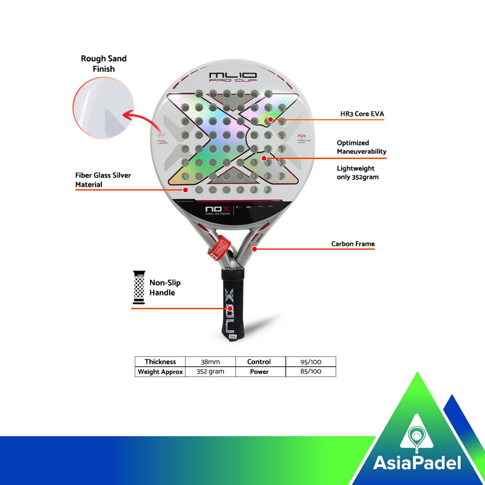 Racket Padelball NOX ML10 Pro Cup Silver Original ? Carbon Frame | Raket Padel HR3 Core Grip Anti Slip