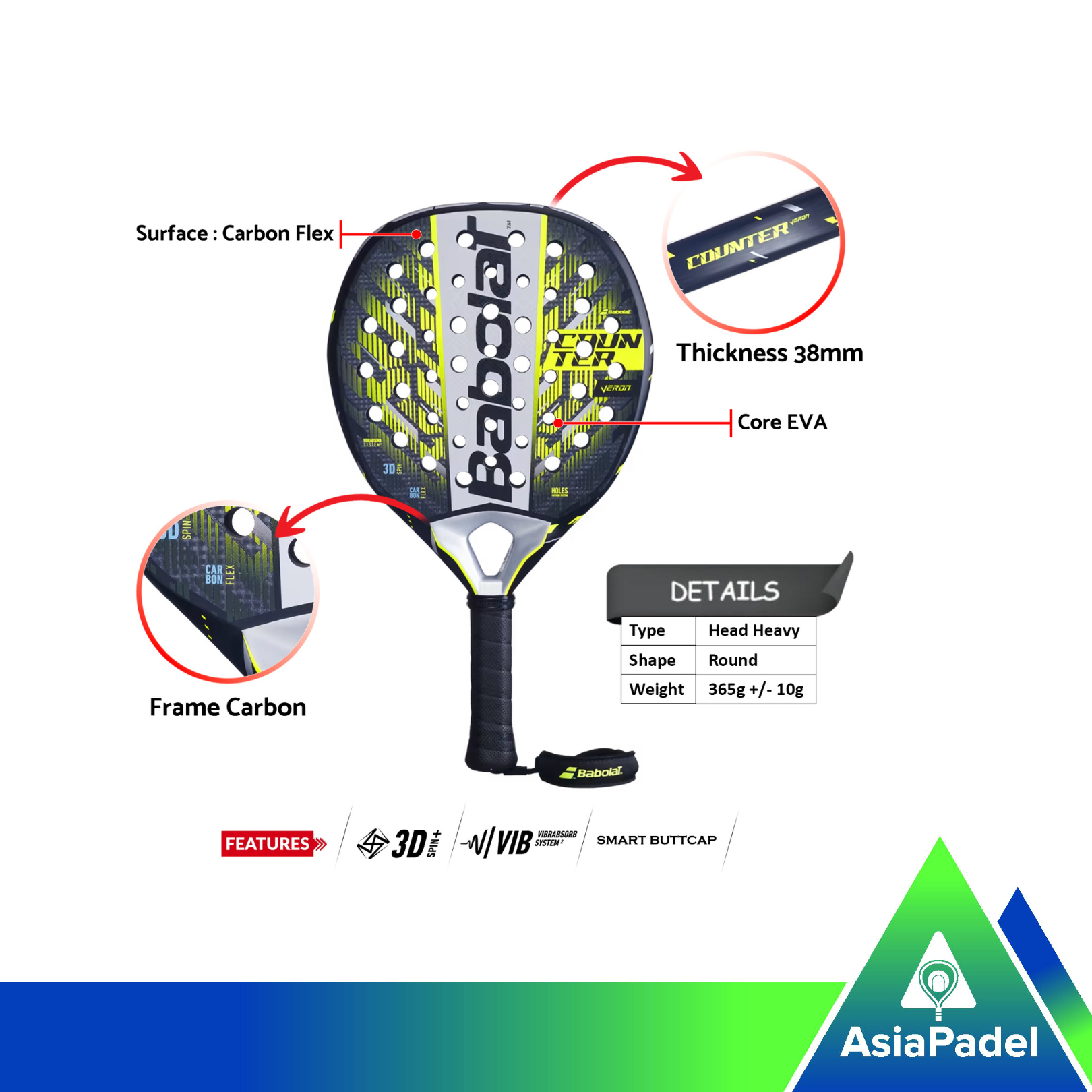 Babolat Counter Veron Carbon Flex Padel Racket | Racket | Raket Padel Round 2025