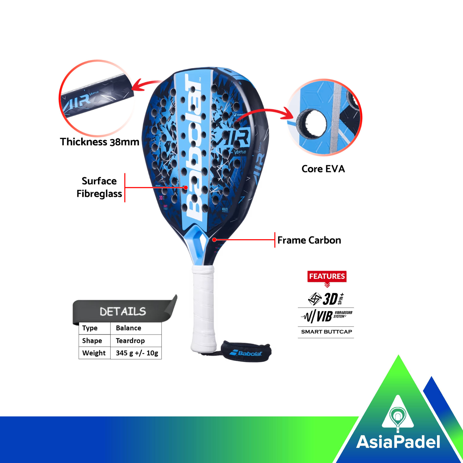 Babolat Air Vertuo Fiberglass Padel Racket | Racket | Raket Padel Teardrop 2025
